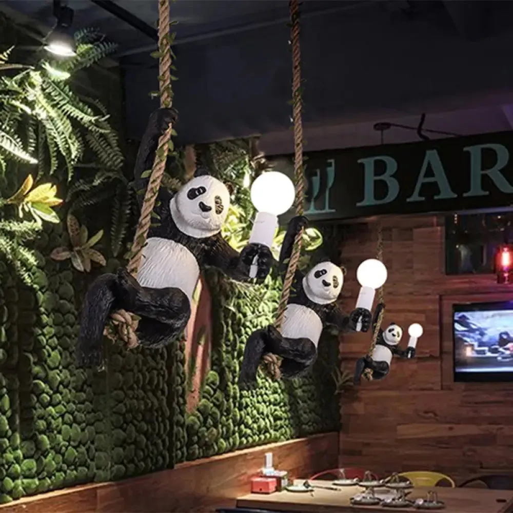 Creative Resin Panda Pendant Light Fixture with Rope Rod – Black and White, 1-Bulb Hanging Lamp Kit