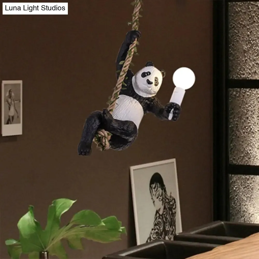 Creative Resin Panda Pendant Light Fixture with Rope Rod – Black and White, 1-Bulb Hanging Lamp Kit