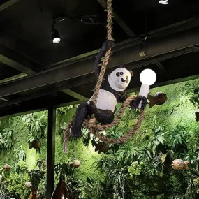 Creative Resin Panda Pendant Light Fixture with Rope Rod – Black and White, 1-Bulb Hanging Lamp Kit