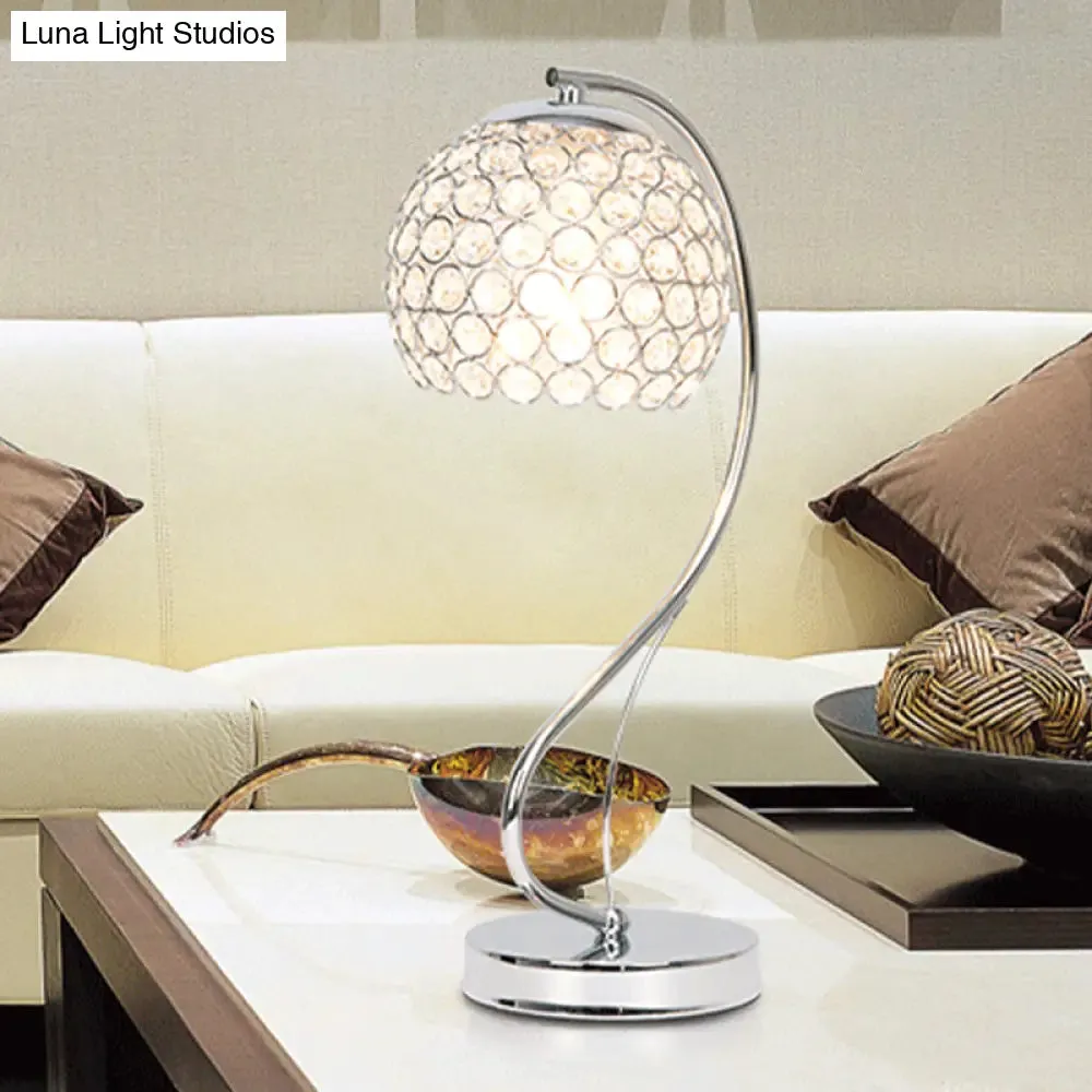 Crystal-Encrusted Chrome Nightstand Lamp - Modern Domed Table Light, 1 Bulb, Contemporary Design