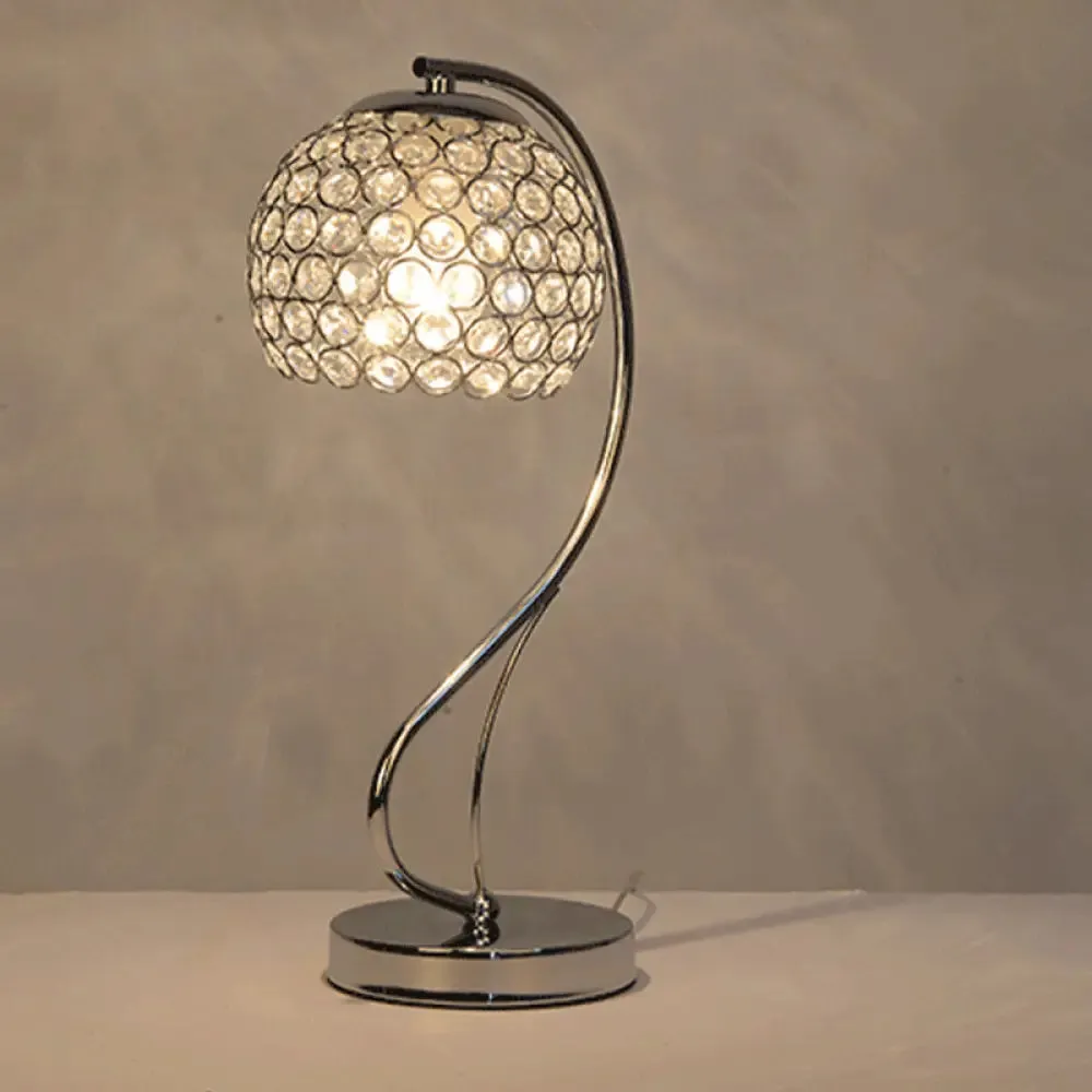 Crystal-Encrusted Chrome Nightstand Lamp - Modern Domed Table Light, 1 Bulb, Contemporary Design