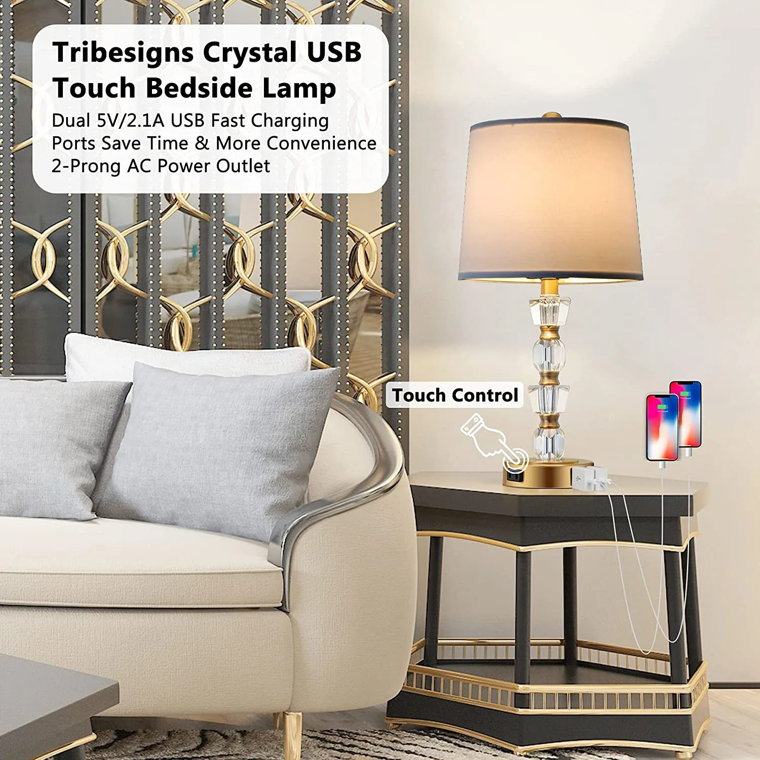 Crystal Table Lamp Set of 2, Antique Brass Gold Touch Control