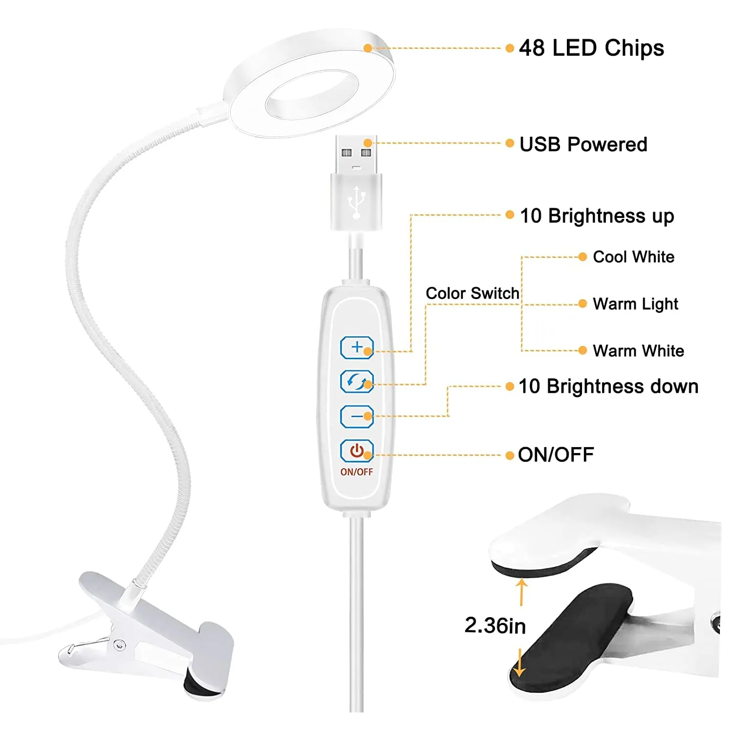 CUMKA | Clip-on Desk Lamp, 48-LED Desk Lamp with 3 Lighting Modes