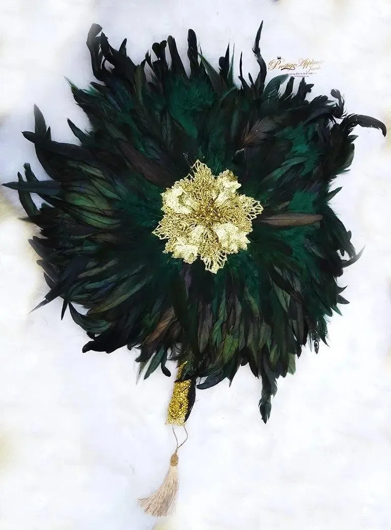 Emerald Green Dark Green Round Shaped Ostrich Feather Traditional Wedding Hand Fan Nigerian Bridal Handfan