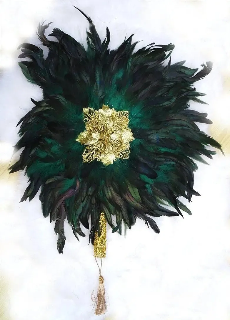 Emerald Green Dark Green Round Shaped Ostrich Feather Traditional Wedding Hand Fan Nigerian Bridal Handfan