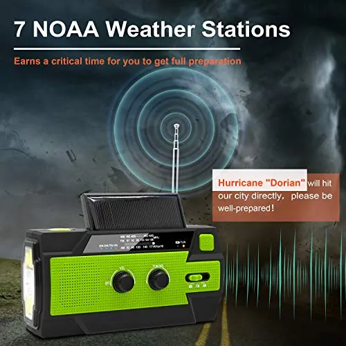 Emergency Crank Weather Radio, 4000mAh Solar Hand Crank Portable AM/FM/NOAA Weather Radio with 1W 3 Mode Flashlight & Motion Sensor Reading Lamp, Cell Phone Charger, SOS for Home and Emergency Green