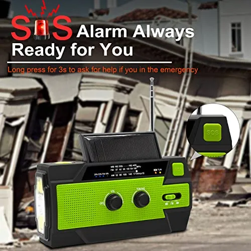 Emergency Crank Weather Radio, 4000mAh Solar Hand Crank Portable AM/FM/NOAA Weather Radio with 1W 3 Mode Flashlight & Motion Sensor Reading Lamp, Cell Phone Charger, SOS for Home and Emergency Green