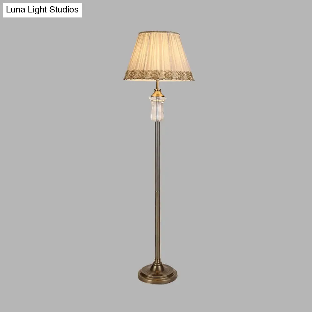 Fabric Floor Lamp with Beige Pleated Shade and Crystal Standing Light – Traditional Style with Elegant Trim