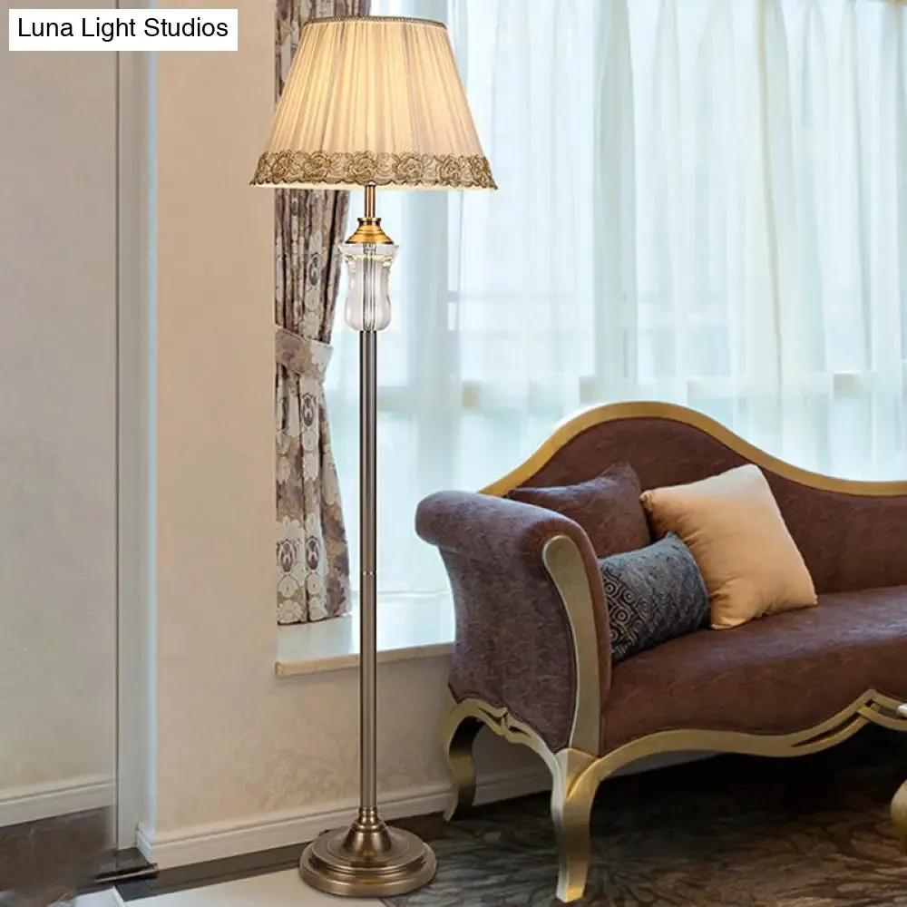 Fabric Floor Lamp with Beige Pleated Shade and Crystal Standing Light – Traditional Style with Elegant Trim