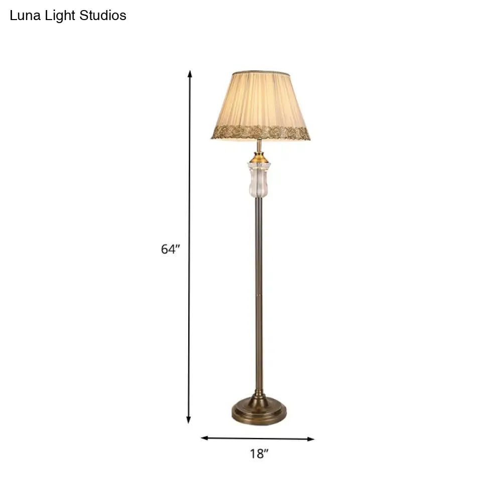 Fabric Floor Lamp with Beige Pleated Shade and Crystal Standing Light – Traditional Style with Elegant Trim