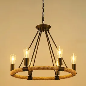 Farmhouse Black Manila Rope Chandelier Pendant - Hanging Ceiling Light