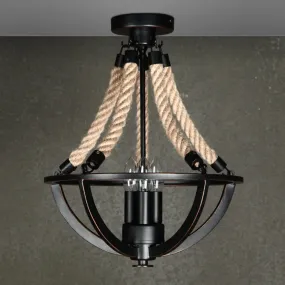 Farmhouse Iron Black Semi Flush Dome Cage Chandelier with 3-Bulb Ceiling Mount and Rope Cord