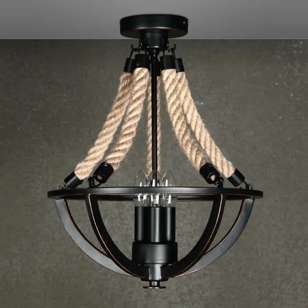 Farmhouse Iron Black Semi Flush Dome Cage Chandelier with 3-Bulb Ceiling Mount and Rope Cord