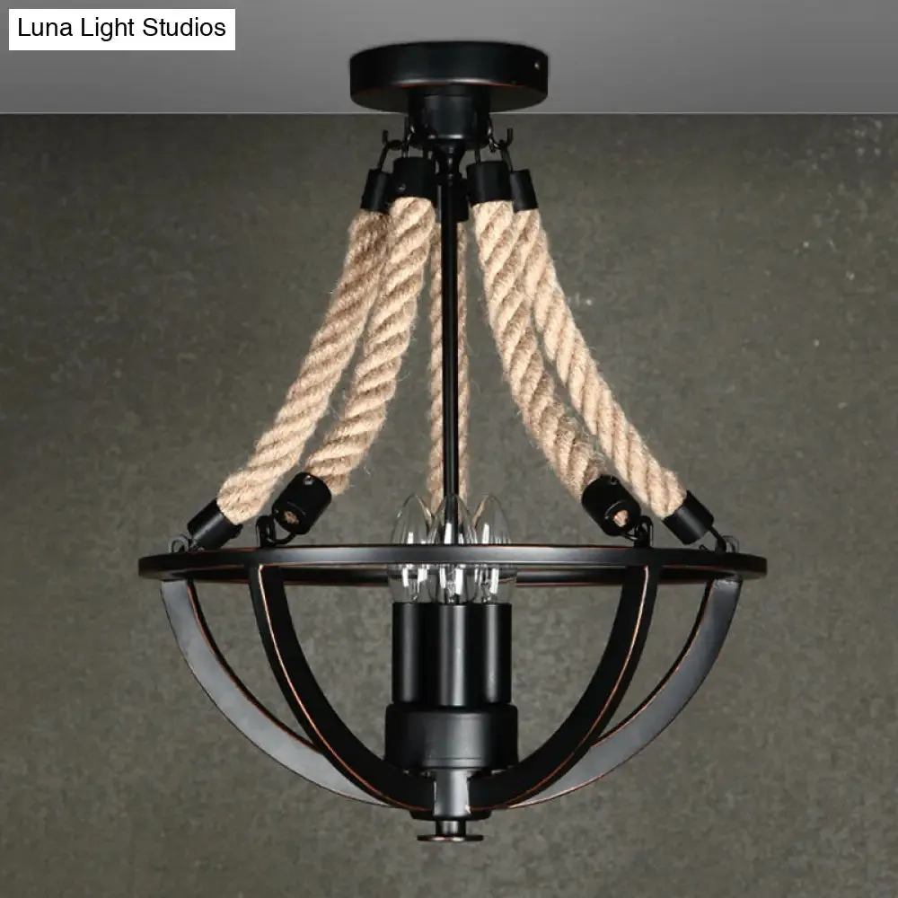 Farmhouse Iron Black Semi Flush Dome Cage Chandelier with 3-Bulb Ceiling Mount and Rope Cord