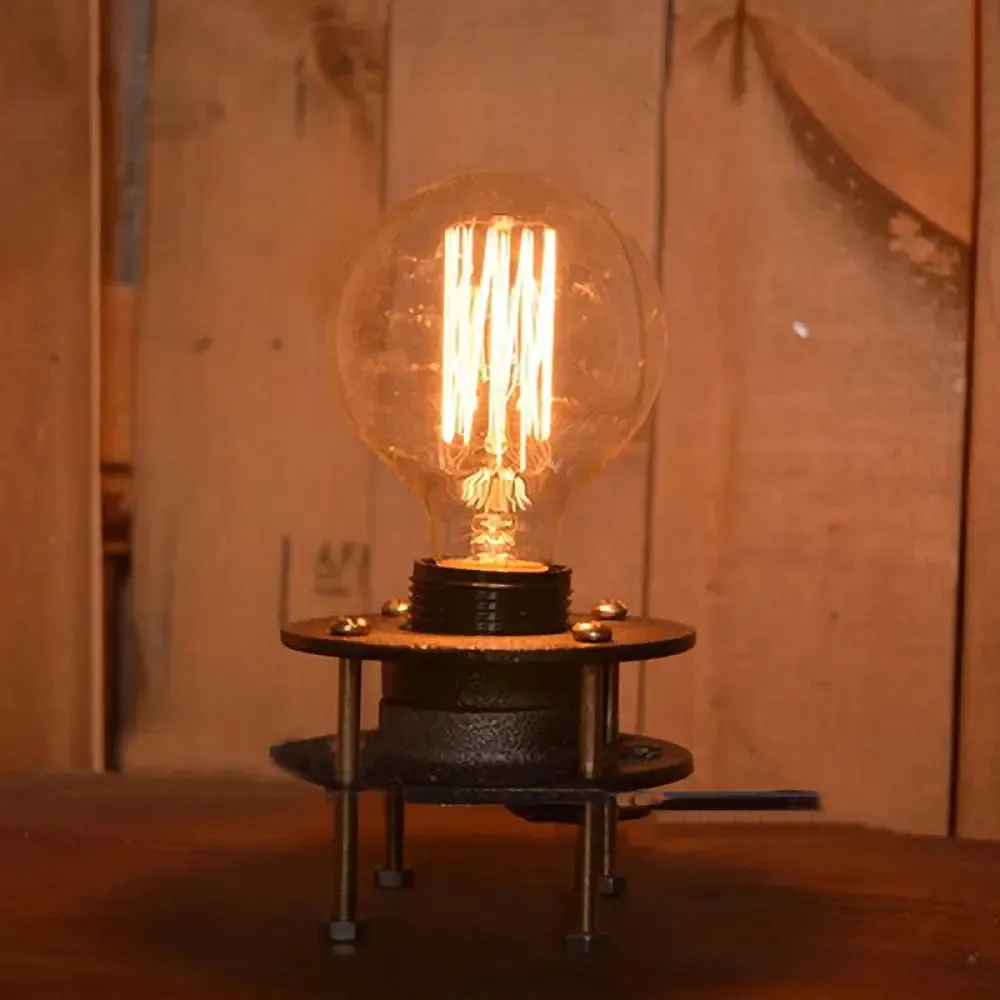 Farmhouse Mini Table Lamp - Industrial Wrought Iron Standing Light with Bare Bulb in Black