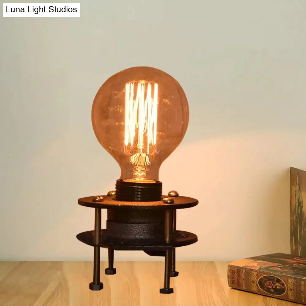 Farmhouse Mini Table Lamp - Industrial Wrought Iron Standing Light with Bare Bulb in Black