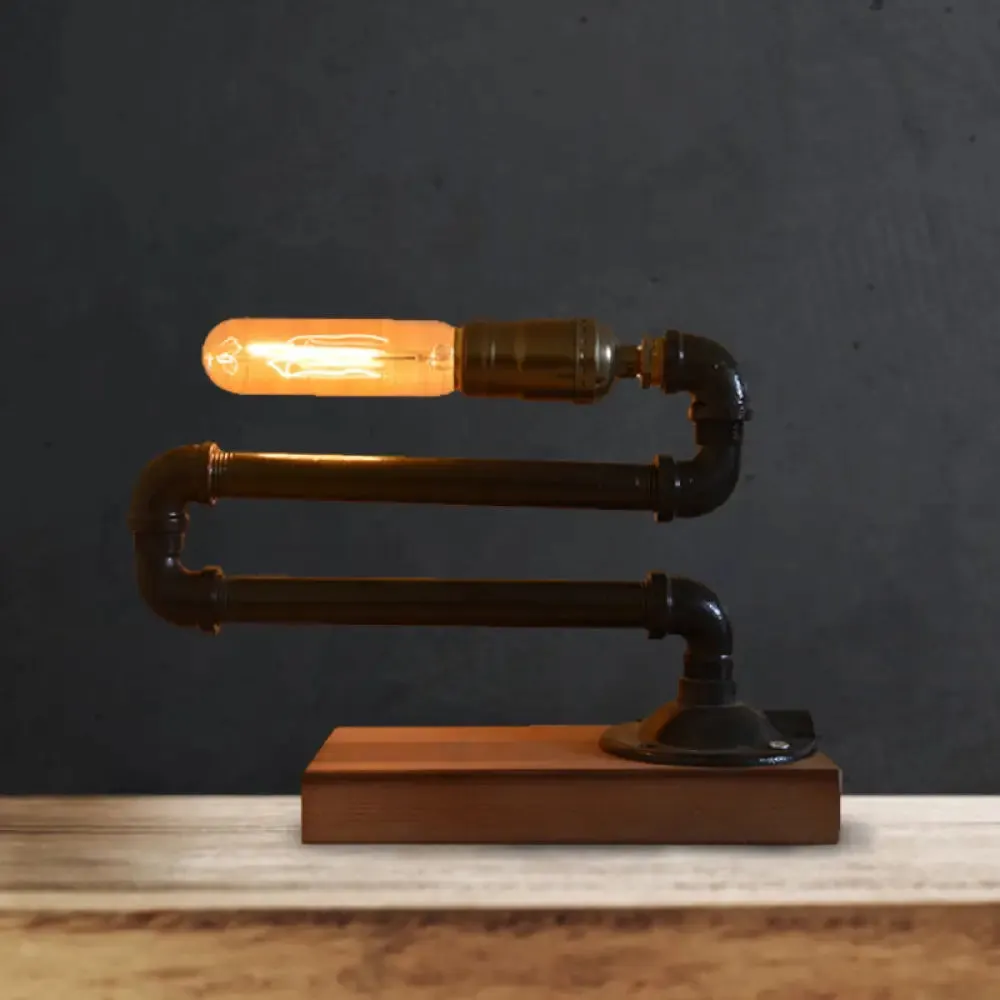 Farmhouse Style Black Metal Table Lamp with Wooden Base and Piped Bulb