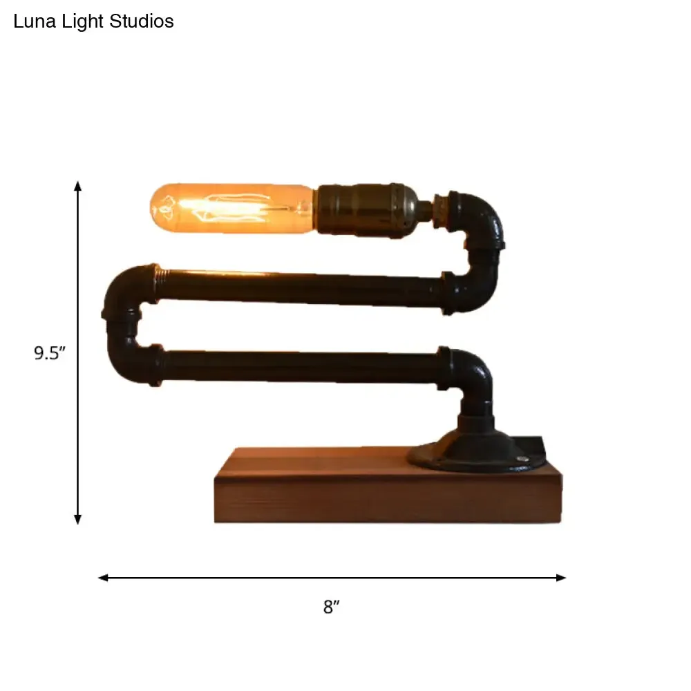 Farmhouse Style Black Metal Table Lamp with Wooden Base and Piped Bulb