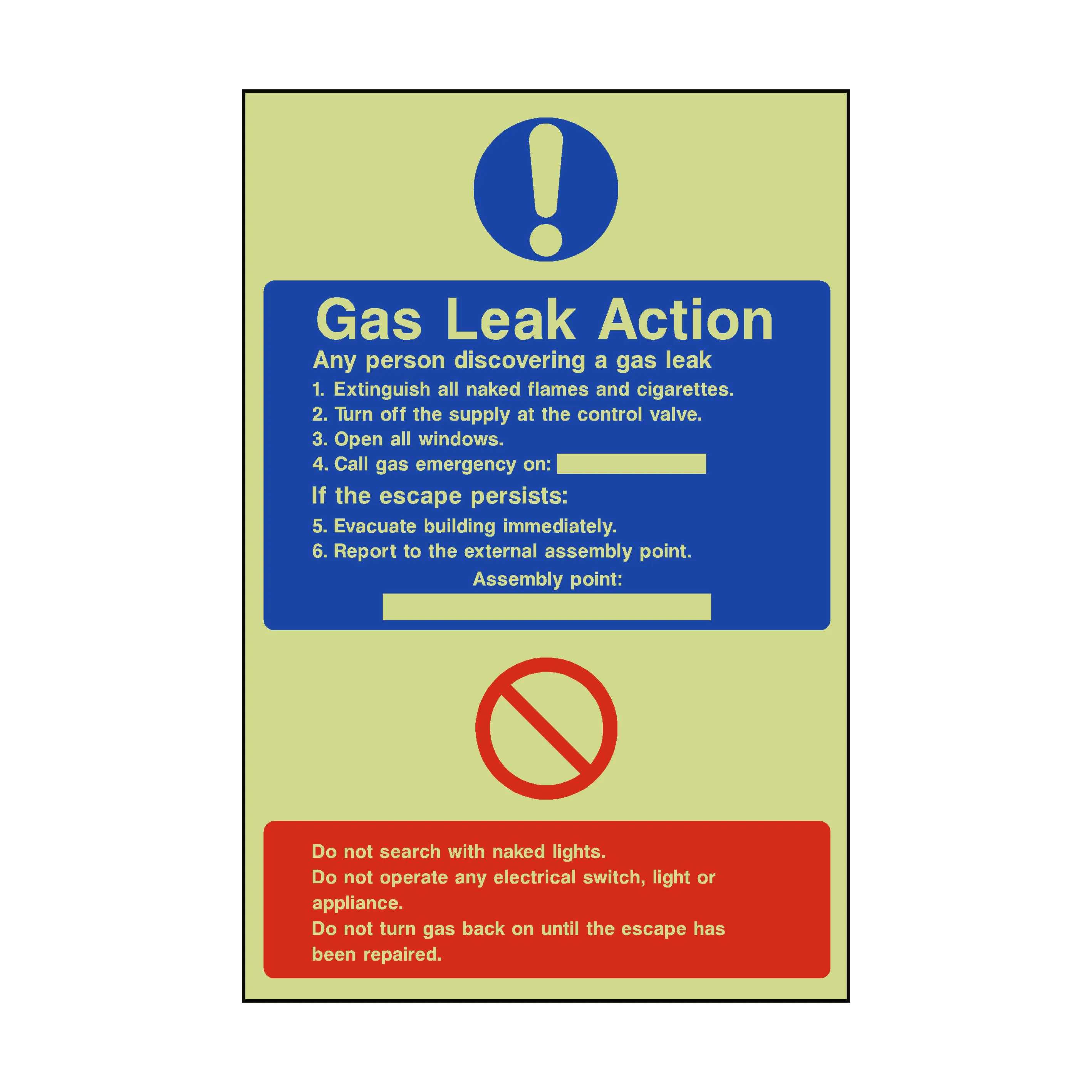 Fire Action Gas Leak Photoluminescent Sign