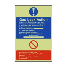 Fire Action Gas Leak Photoluminescent Sign