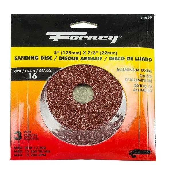 Forney 71659 Sanding Disc, 5 in Dia, 7/8 in Arbor, 16 Grit, Aluminum Oxide Abrasive, Fiber Backing