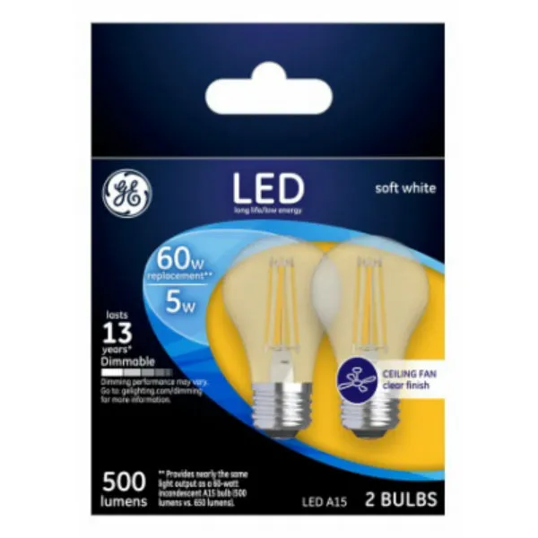 GE 23444 Medium-Base A15 Clear Dimmable Ceiling Fan LED Bulb, White, 5W, 2-Pk