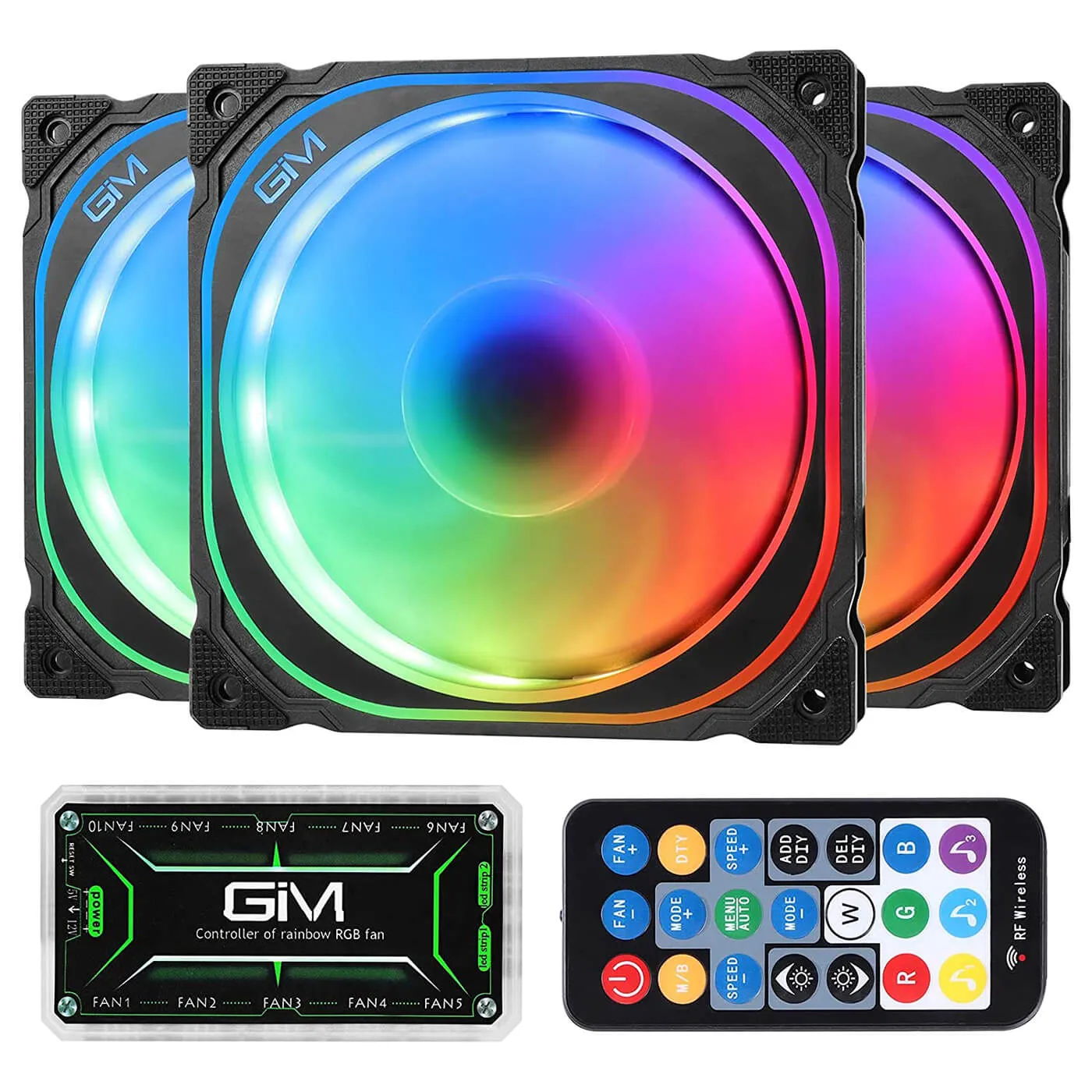 GIM KB-21 RGB Case Fans, 3 Pack 120mm Quiet Computer Cooling Fan for PC case and CPU Cooler, Colorful Rainbow Speed Adjustable Cooler with Hub