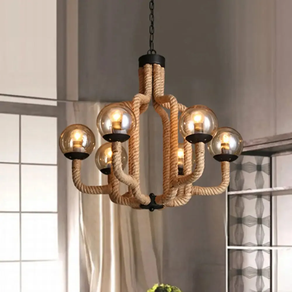 Globe Pendant Chandelier Industrial Rope - 6 Lights Beige - Glass Shade - Living Room Hanging Fixture