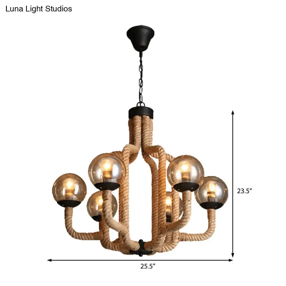 Globe Pendant Chandelier Industrial Rope - 6 Lights Beige - Glass Shade - Living Room Hanging Fixture