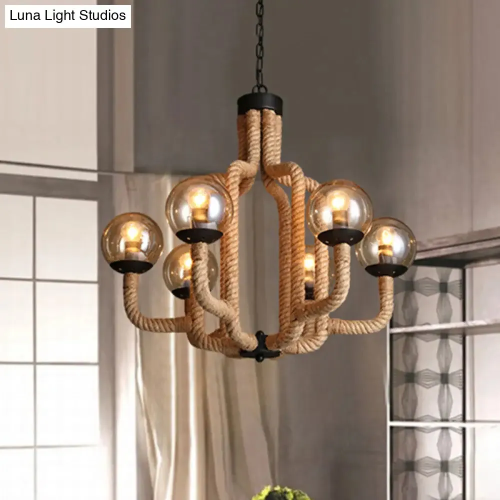 Globe Pendant Chandelier Industrial Rope - 6 Lights Beige - Glass Shade - Living Room Hanging Fixture