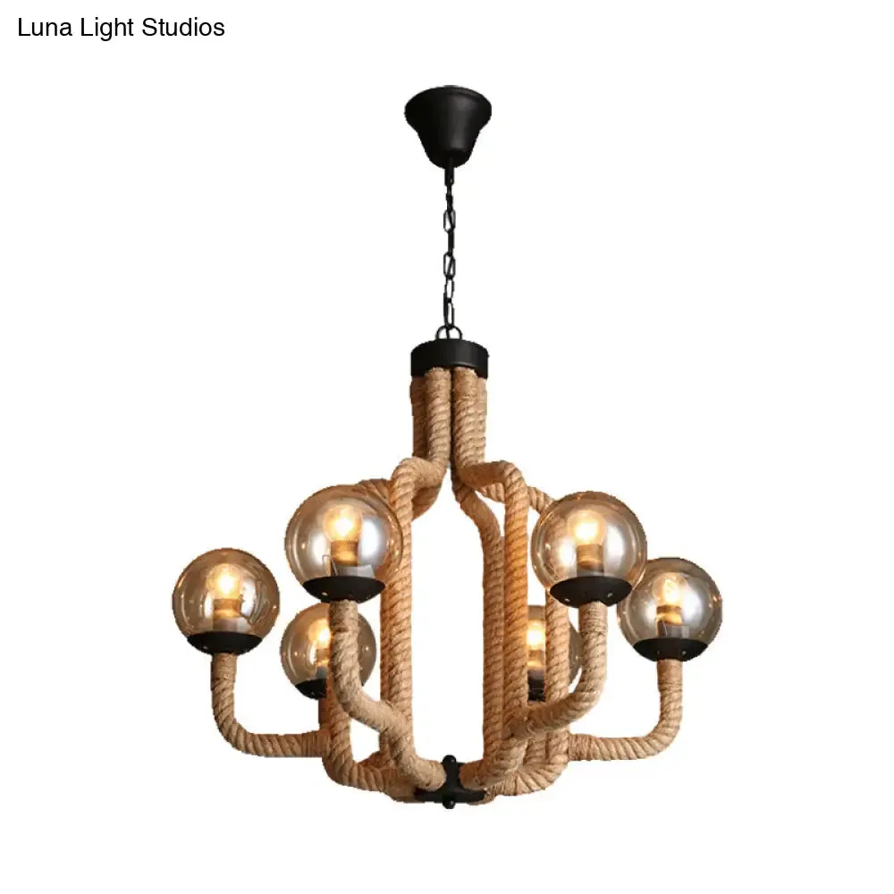 Globe Pendant Chandelier Industrial Rope - 6 Lights Beige - Glass Shade - Living Room Hanging Fixture