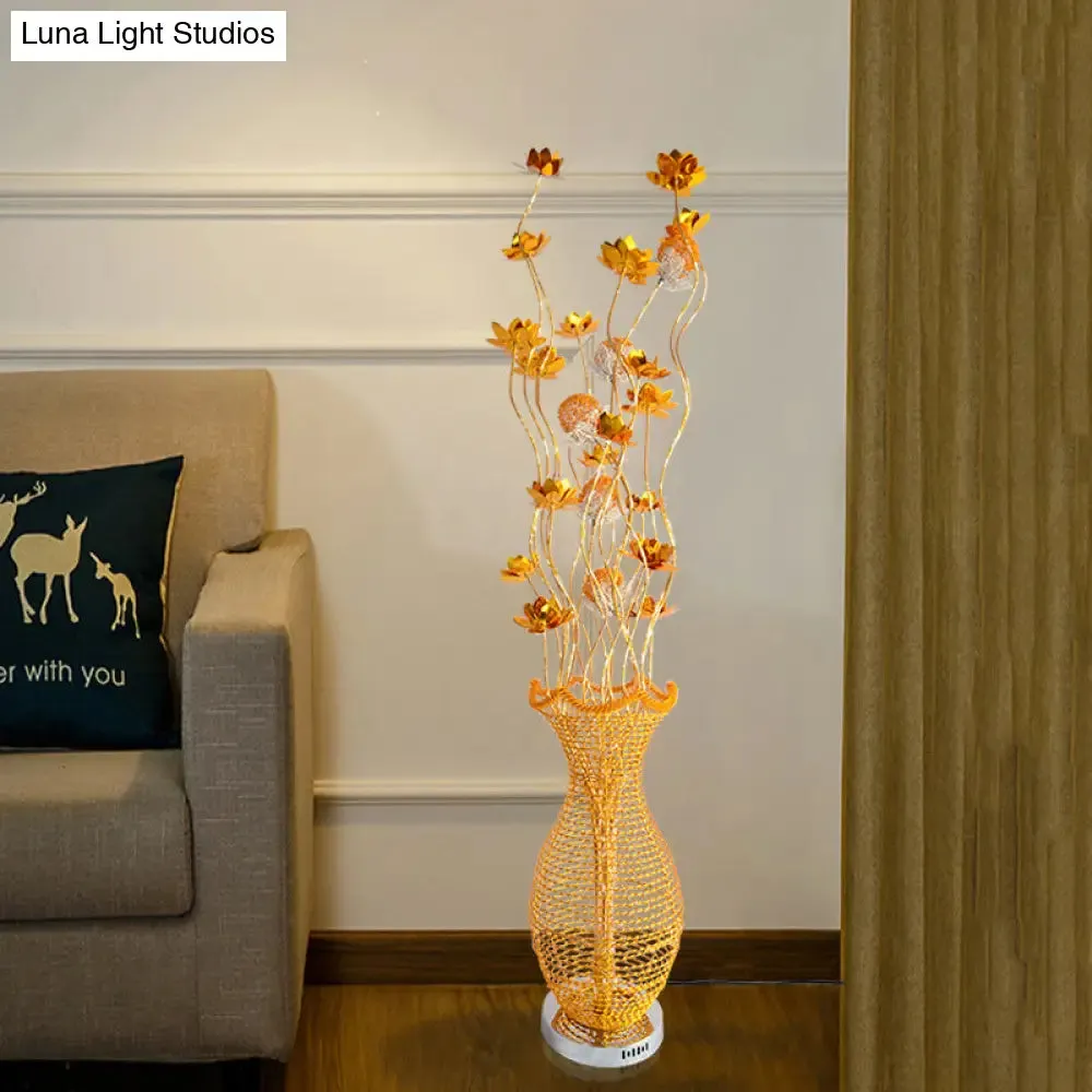 Gold LED Floor Lamp with Hollowed Vase Design and Bloom Decor - Perfect for Bedroom