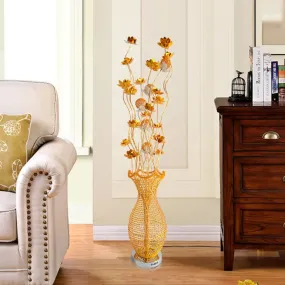 Gold LED Floor Lamp with Hollowed Vase Design and Bloom Decor - Perfect for Bedroom