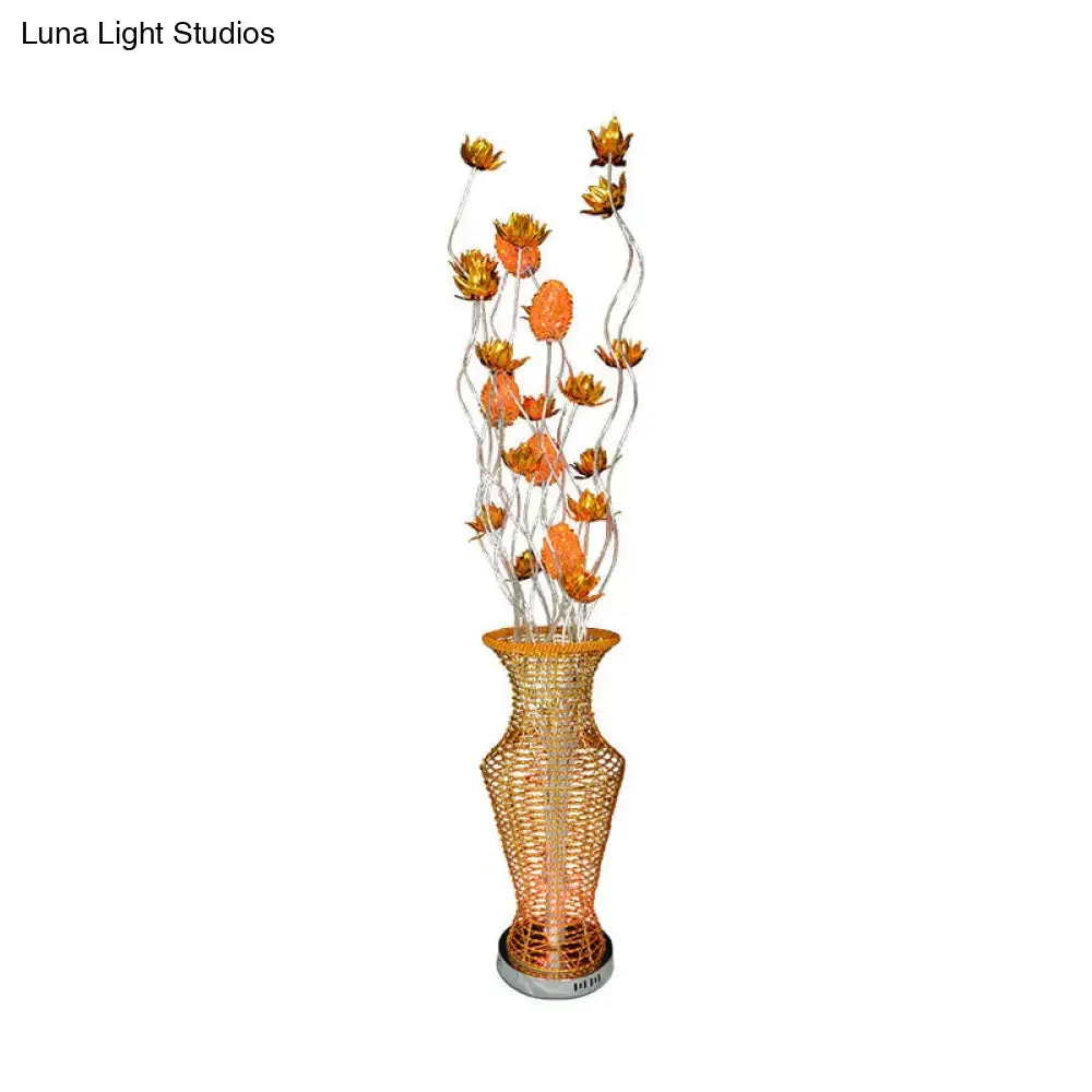 Gold LED Floor Lamp with Hollowed Vase Design and Bloom Decor - Perfect for Bedroom