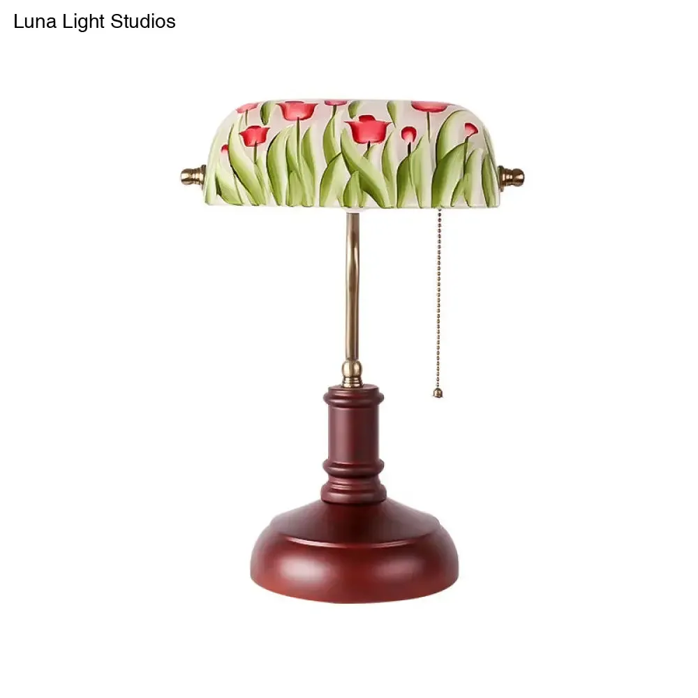 Green Glass Table Lamp - Korean Garden with Red Brown Flower Pattern, Pull Chain - Ideal for Bedroom Nightstand