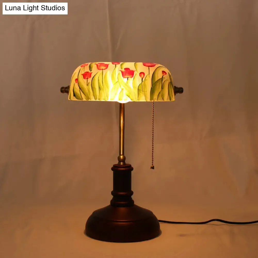 Green Glass Table Lamp - Korean Garden with Red Brown Flower Pattern, Pull Chain - Ideal for Bedroom Nightstand