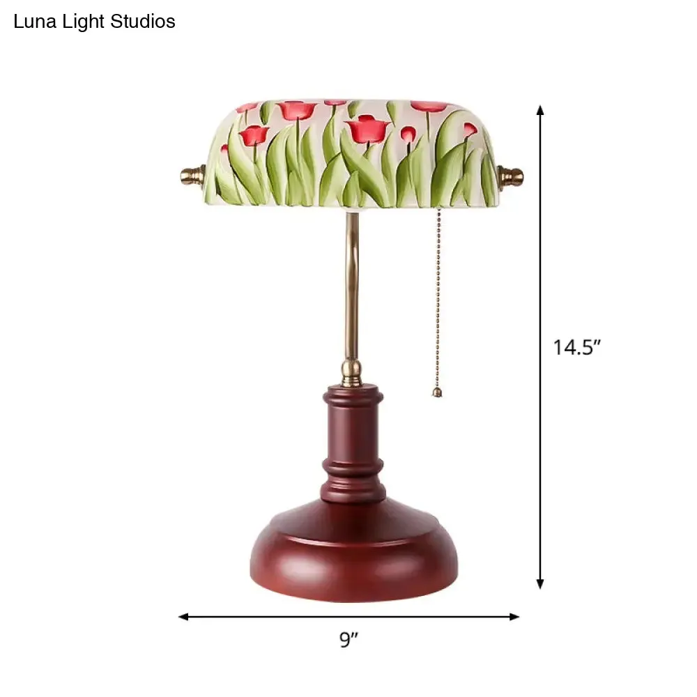 Green Glass Table Lamp - Korean Garden with Red Brown Flower Pattern, Pull Chain - Ideal for Bedroom Nightstand