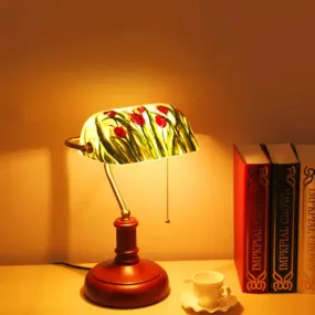 Green Glass Table Lamp - Korean Garden with Red Brown Flower Pattern, Pull Chain - Ideal for Bedroom Nightstand