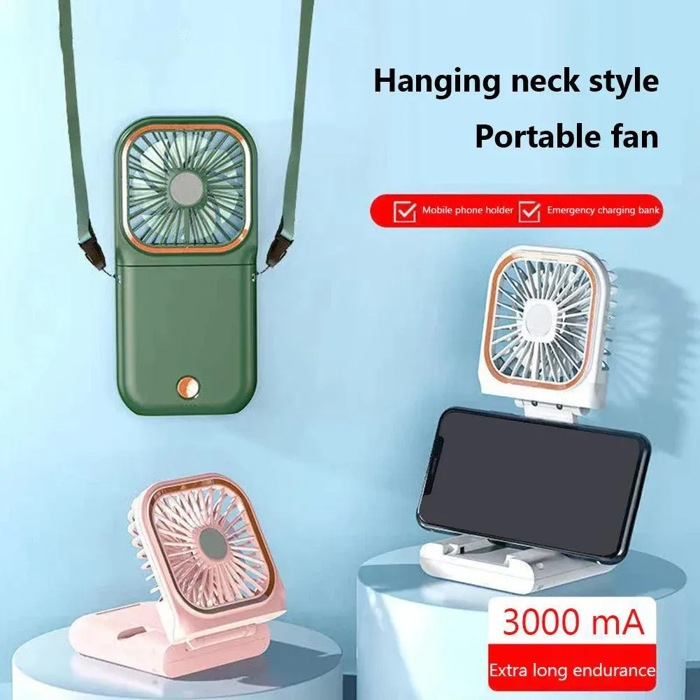 Hanging Neck Fans Mini Portable Folding Desktop Fan 3000mAh USB Power Bank Portable Handheld Outdoor Quiet Multi Function Fan