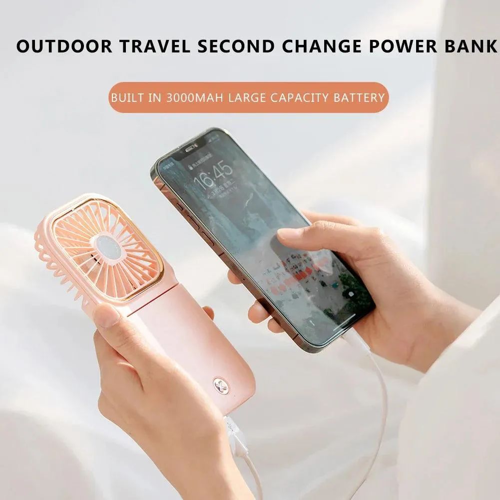 Hanging Neck Fans Mini Portable Folding Desktop Fan 3000mAh USB Power Bank Portable Handheld Outdoor Quiet Multi Function Fan