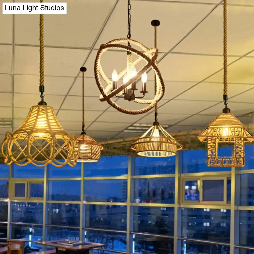 Hemp Rope Pendant Light - Antique 1-Light Fixture in Brown for Restaurants