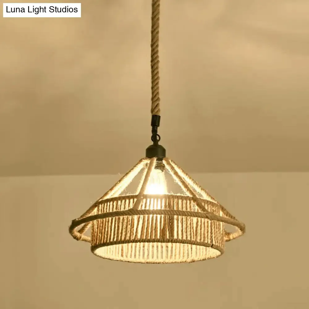 Hemp Rope Pendant Light - Antique 1-Light Fixture in Brown for Restaurants