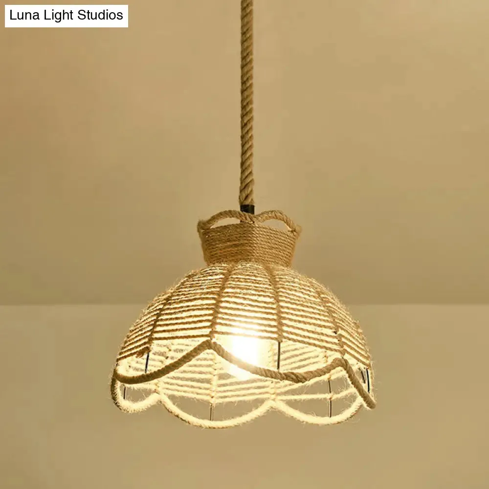 Hemp Rope Pendant Light - Antique 1-Light Fixture in Brown for Restaurants