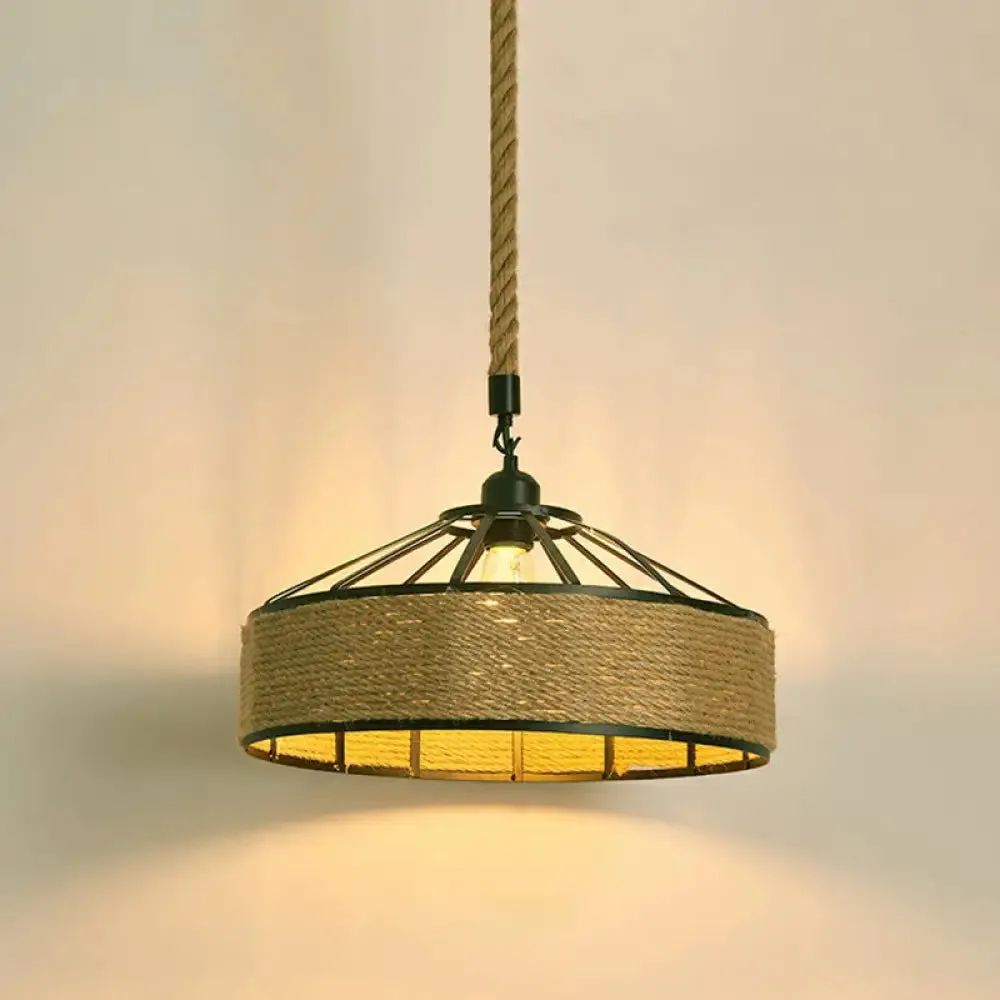 Hemp Rope Pendant Light - Antique 1-Light Fixture in Brown for Restaurants