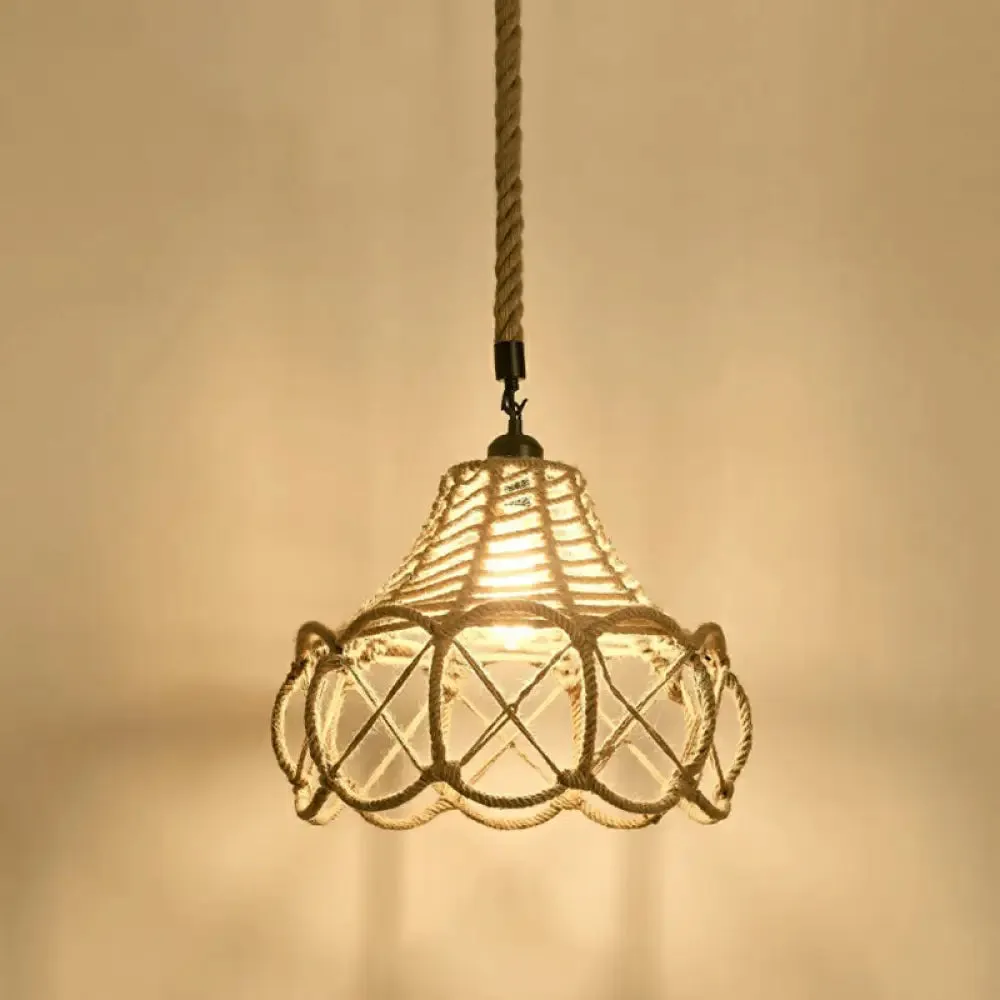 Hemp Rope Pendant Light - Antique 1-Light Fixture in Brown for Restaurants