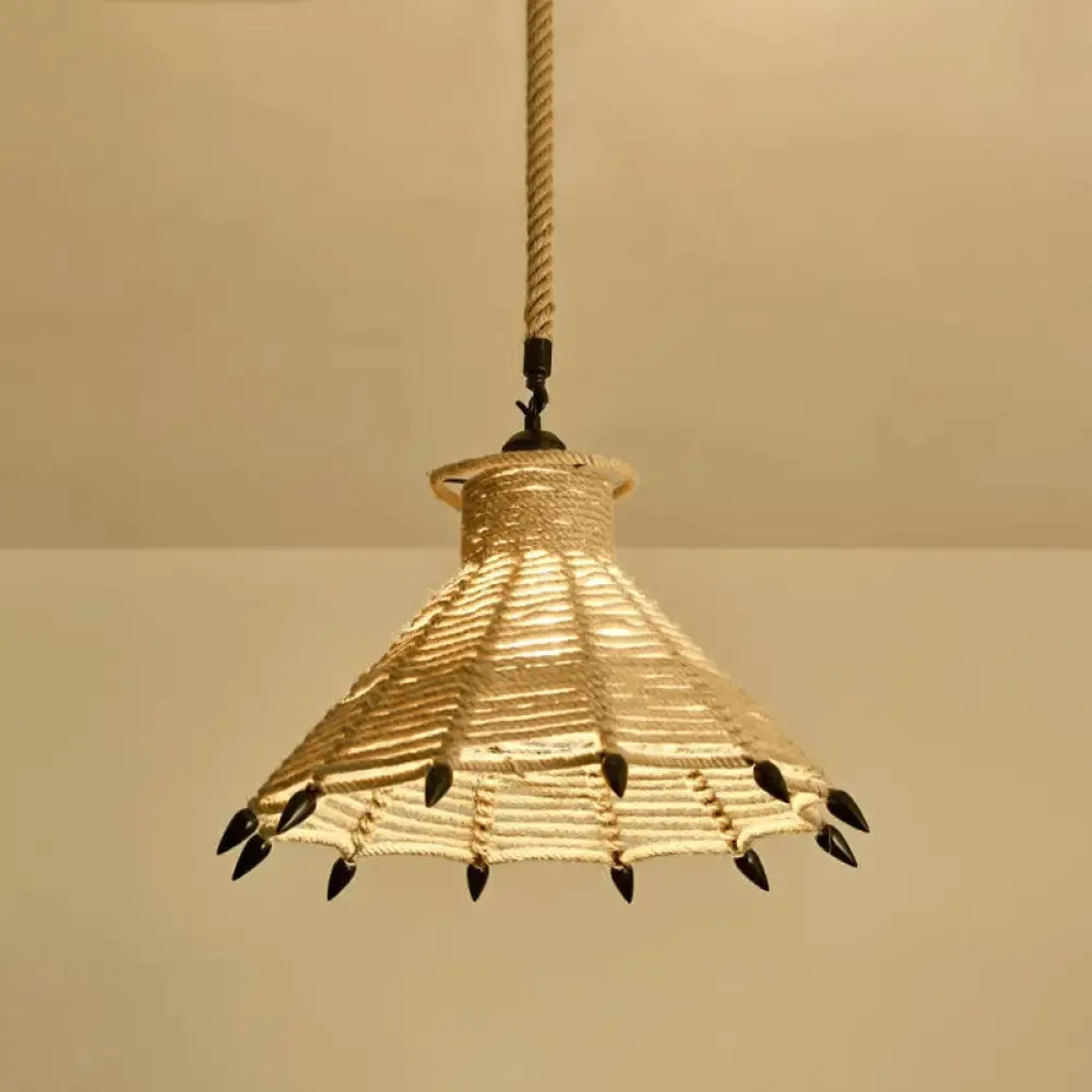 Hemp Rope Pendant Light - Antique 1-Light Fixture in Brown for Restaurants