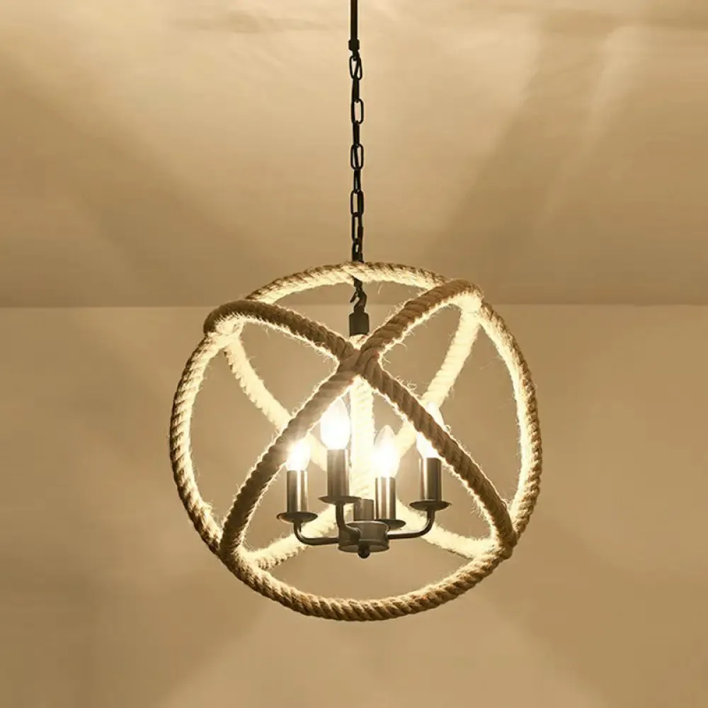 Hemp Rope Pendant Light - Antique 1-Light Fixture in Brown for Restaurants