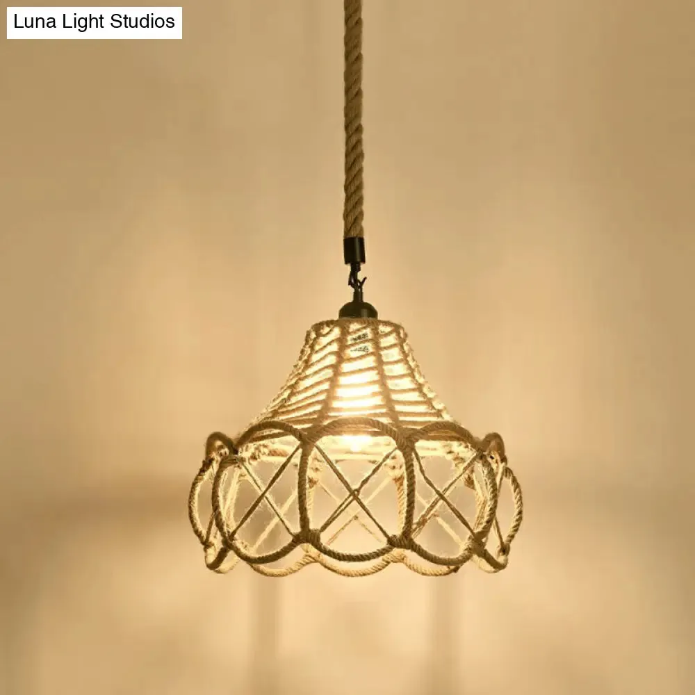 Hemp Rope Pendant Light - Antique 1-Light Fixture in Brown for Restaurants