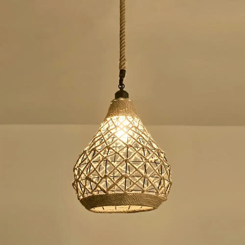 Hemp Rope Pendant Light - Antique 1-Light Fixture in Brown for Restaurants