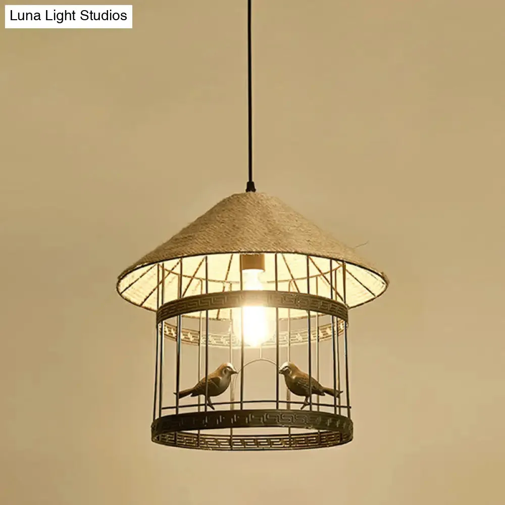 Hemp Rope Pendant Light - Antique 1-Light Fixture in Brown for Restaurants